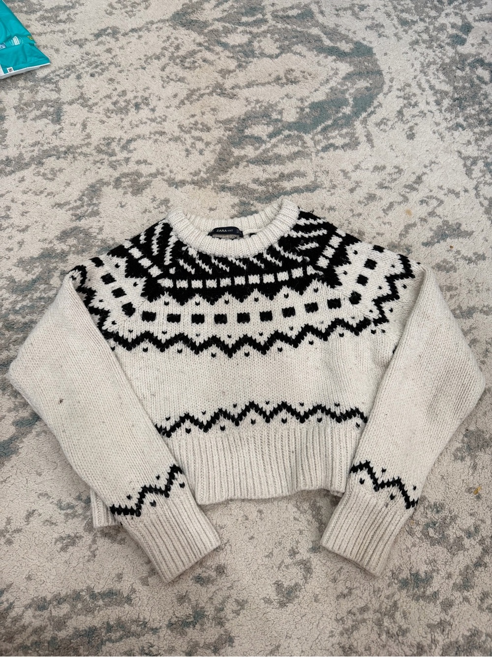 Zara Knit Chunky Fair Isle Cropped Sweater Cream Black Size Medium - Picture 3 of 5